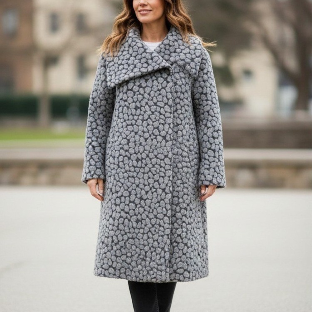 Ann Taylor Grey Black Pebble Print Wool Blend Shawl Collar Coat Womens Large